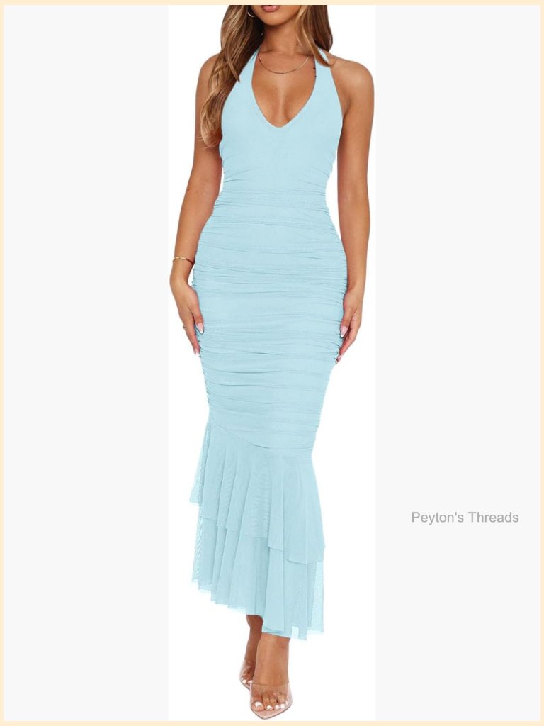 Sexy V Neck Tie Halter Mesh Ruffle Hem Ruched Bodycon Maxi Dress Party Cocktail